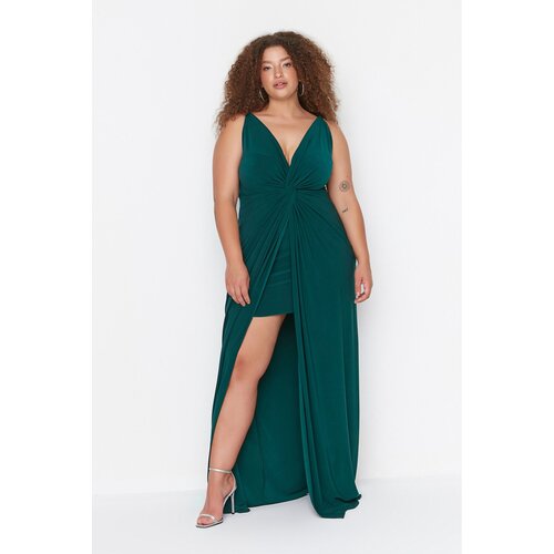 Trendyol Curve Emerald Green Knot Detailed Knitted Evening Dress Slike