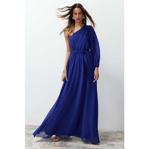 Trendyol Saxe Blue One Sleeve Accessory Chiffon Long Evening Dress Cene