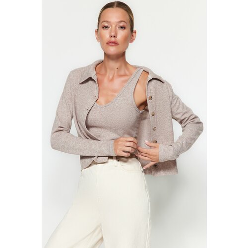Trendyol Beige Button Detailed Shirt Collar It's Soft Knitted 2-Pack Athletic Cardigan Set Cene