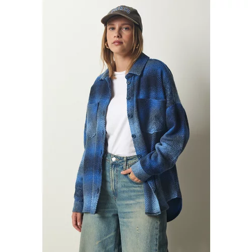 Happiness İstanbul Women's Blue Lumberjack Oversize Cachet Shirt Jacket