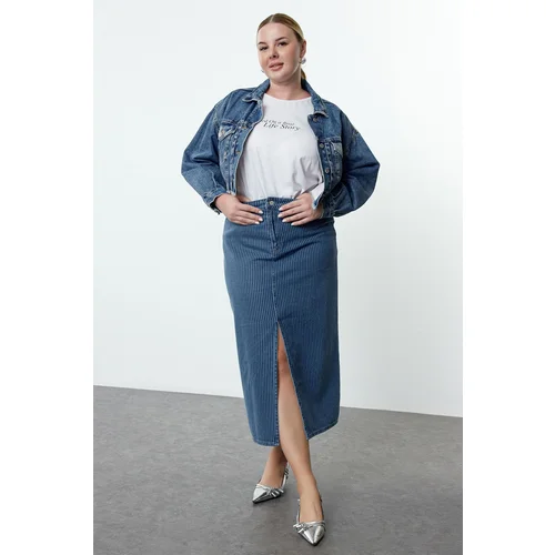 Trendyol Curve Blue Striped Slit Long Denim Plus Size Skirt