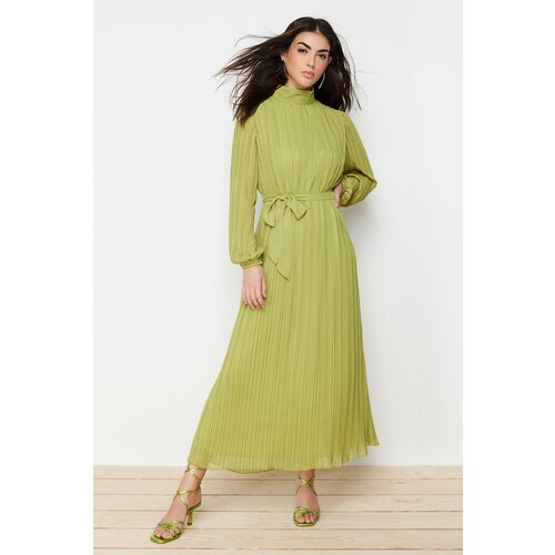 Trendyol Oil Green Pleated Woven Lined Chiffon Dress Cene