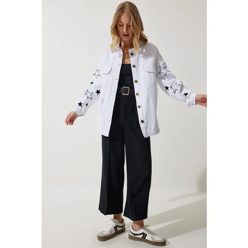  Women's White Star Embroidered Oversize Shirt Jacket