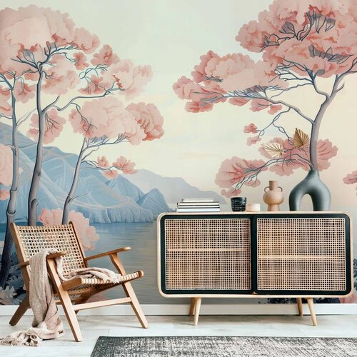  Foto tapeta - Landscape with the Ocean Cliffs and Trees in Delicate Pink Shades 392x280 Samoljepljiva Cijene