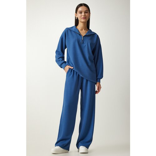 Happiness İstanbul Women's Indigo Blue Ribbed Knitted Blouse Pants Suit Slike