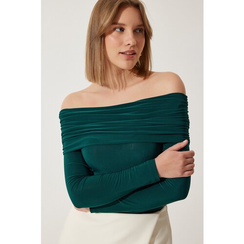 Women's Emerald Green Off-the-Shoulder Ruffle Detailed Blouse Cene