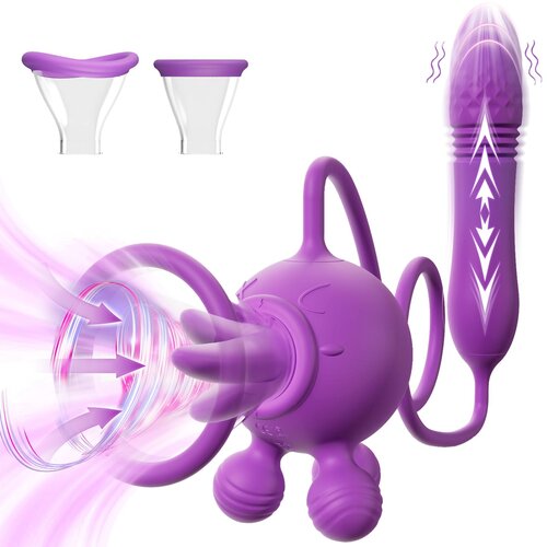 SuperLove 4in1 Clitoral Licking & Sucking Stimulator with Thrusting Vibrator Purple Cene