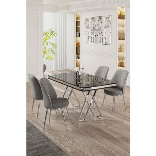 Hanah home Vals - Black Marble, Chrome, Grey Black MarbleChromeGrey Dining Table & Chairs Set (5 Pieces) Cene