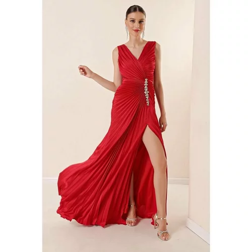 By Saygı V-Neck Front Back Stone Detailed Lined Pleated Long Dress