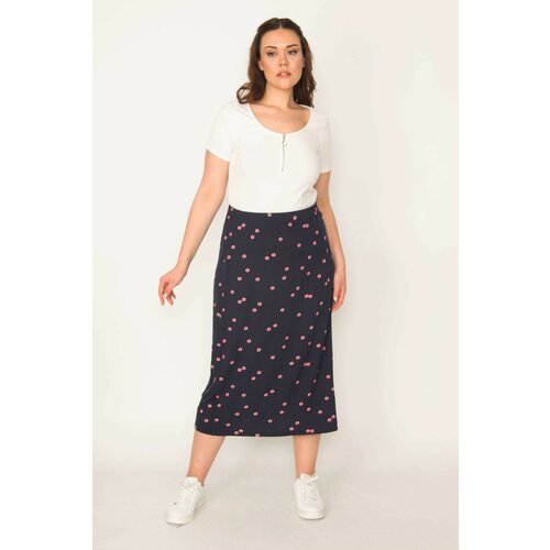 Şans Women's Plus Size Navy Blue Elastic Waist Patterned Skirt Slike
