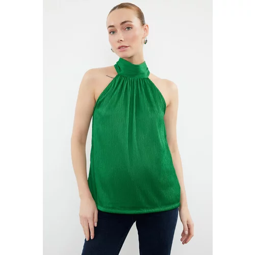 Trendyol Green High Collar Regular Fit Pleated Knitted Blouse