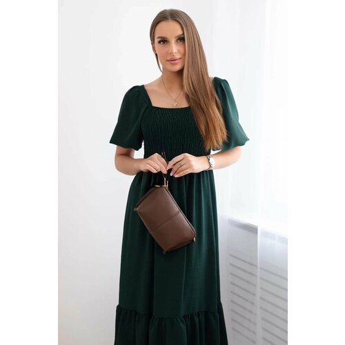 Kesi Dress with a pleated neckline of dark green color Slike