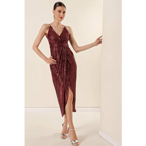 By Saygı Double-breasted Collar Thread Straps Lined Pistachio Midi Dress Claret Red