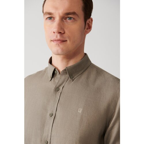 Avva Men's Light Khaki 100% Linen Buttoned Collar Comfort Fit Relaxed Cut Shirt Slike