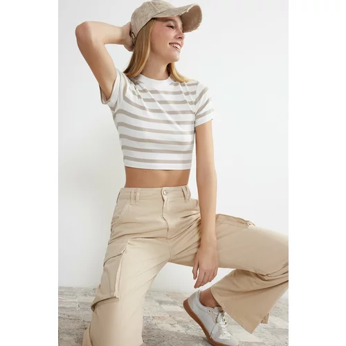 Trendyol Limited Edition Stone Ecru Striped Viscose Crop Crew Neck Stretchy Knitted Blouse