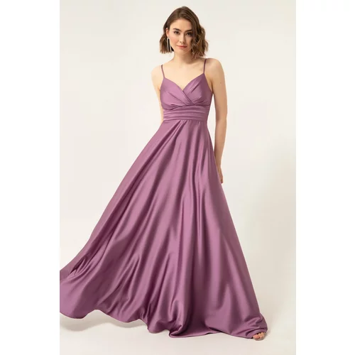 Lafaba Women's Lavender Satin Long Evening Dress with Rope Straps and Waist Belt