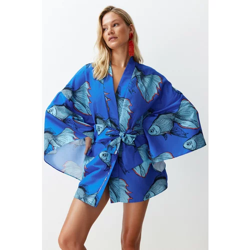 Trendyol Underwater Patterned Belted Mini Woven Kimono & Kaftan