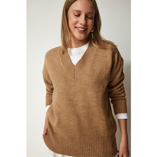 Happiness İstanbul Women's Biscuit V-Neck Oversize Knitwear Sweater Slike