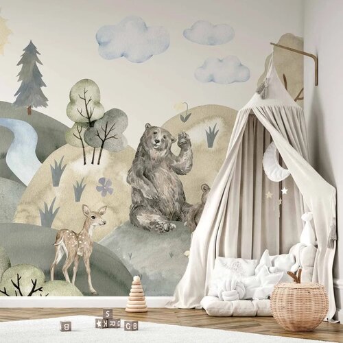  Foto tapeta - Green Hills - a Valley With Animals Painted in Watercolours 500x350 Standard Cene
