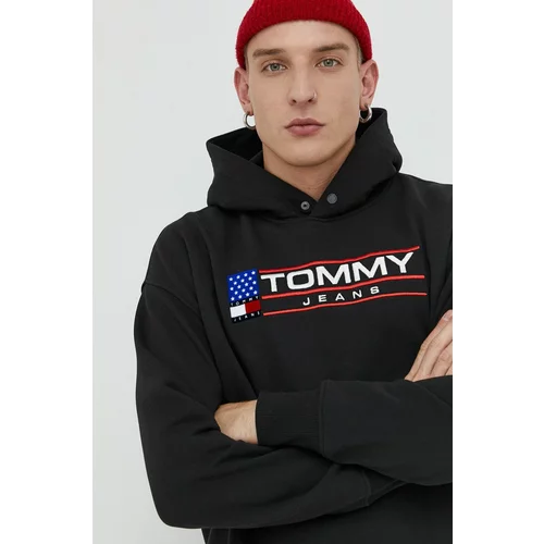 Tommy Jeans Dukserica za muškarce, boja: crna, s kapuljačom, s aplikacijom