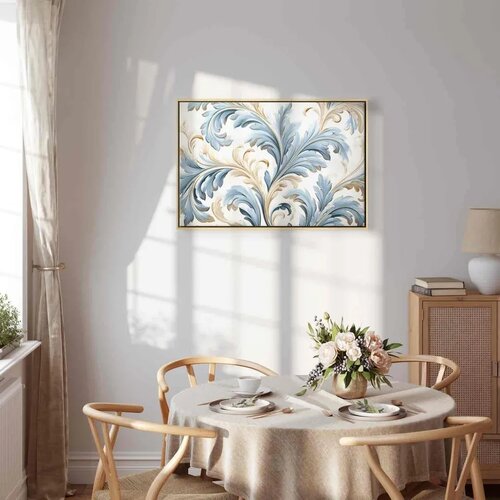  Slika - Baroque Ornaments in Light Cream-Blue Hues 90x60 U prirodnom drvenom okviru Slike