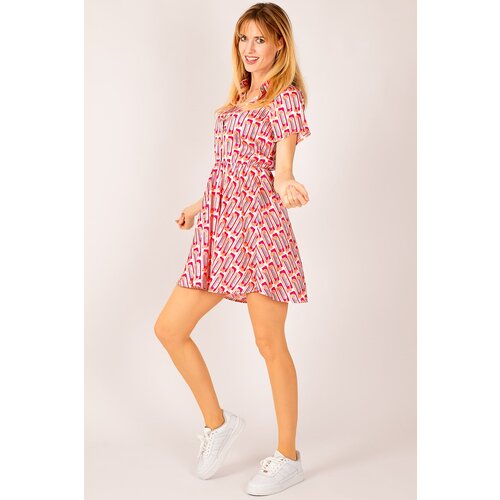 armonika Women's Fuchsia Short Sleeve Satin Shirt Dress with Pleated Waist Slike