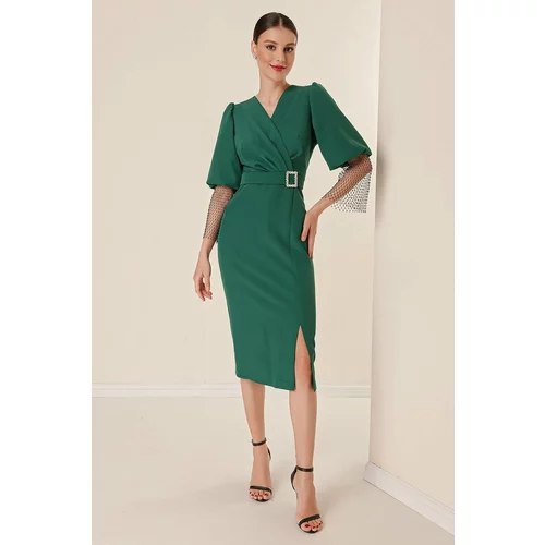 By Saygı Double-breasted Collar Waist with Buckles, Fishnet Beads Detailed, Balloon Sleeves Wide Body Range Dress Emerald