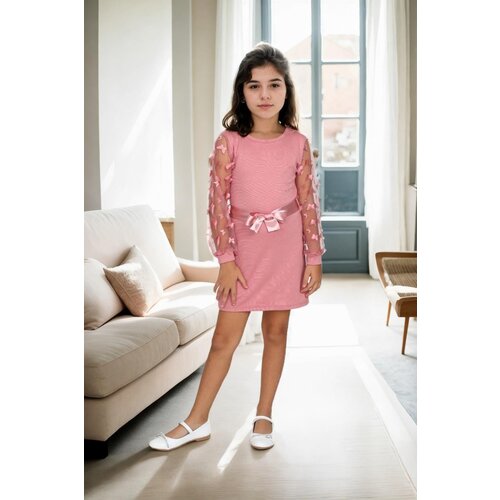 Dewberry 28185 Waist Tied Tulle Detailed Girls Dress-PINK Slike