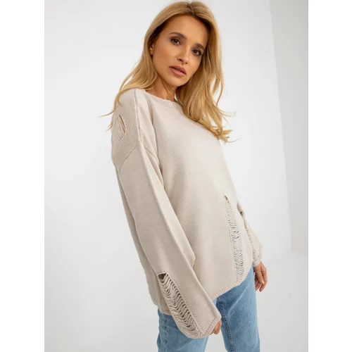 Fashion Hunters Beige women's oversize sweater with holes with wool