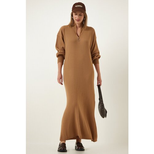  Women&amp;#039;s Biscuit Zipper Collar Ribbed Long Knitwear Dress Slike