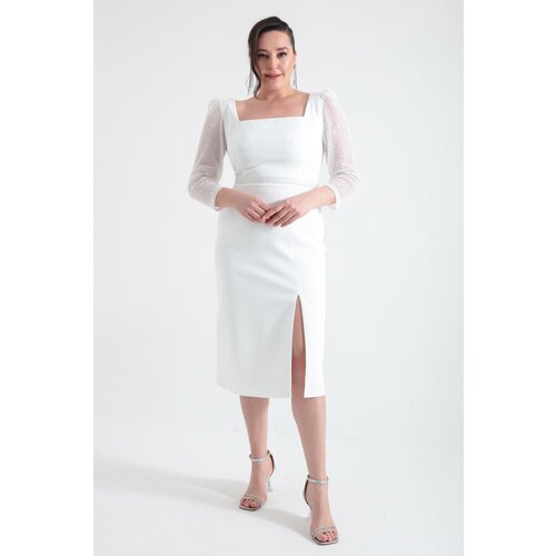 Lafaba Women's White Square Neck Belted Midi Plus Size Evening Dress Cene