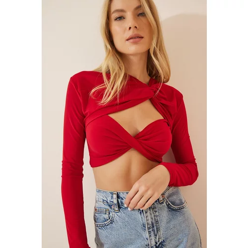 Happiness İstanbul Women's Red Cut Out Detailed Crop Sandy Knitted Blouse