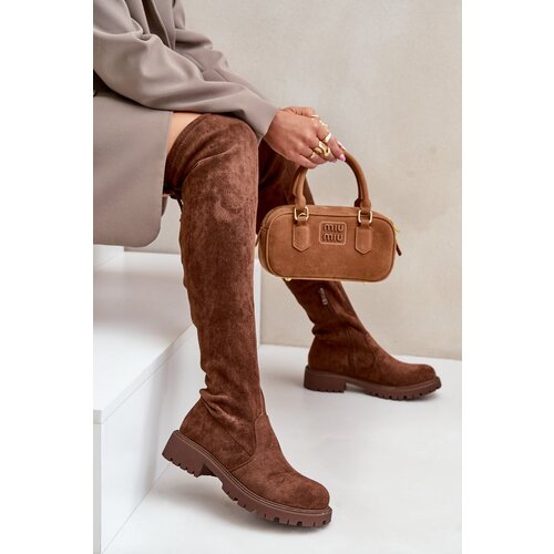 FS1 Knee High Boots With Flat Heel Made Of Eco Suede Brown Arkelia Cene