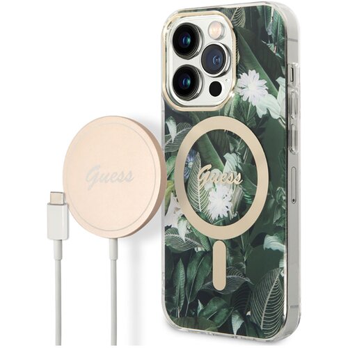 Guess Paketno ohi&amp;scaron;je za iPhone 14 Pro Max z vzorcem džungle in brezžični polnilnik Qi MagSafe, Kaki, (21730976) Slike