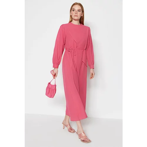 Trendyol Fuchsia Belted Woven Cotton Dress with Patchwork