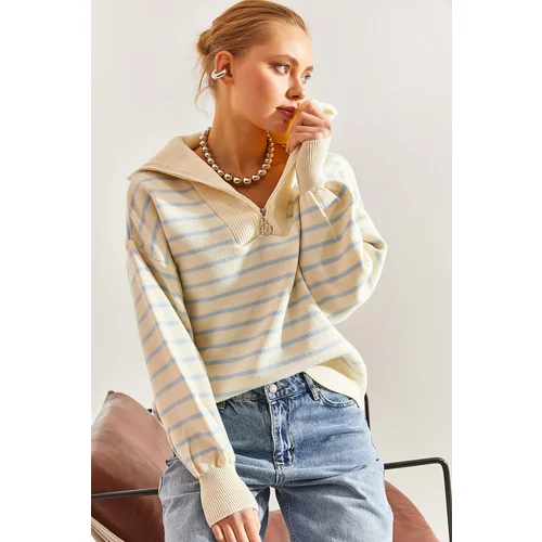 Bianco Lucci Women's Striped Zipper Knitwear Sweater