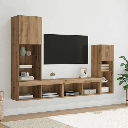 TV stenske enote z LED lučmi 4 pcs Umetni hrast Konstruiran les, (5000112723) Cene