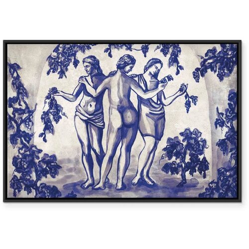  Slika - Ancient vineyard - three women in a portal painted with blue ink 120x80 U crnom drvenom okviru Slike