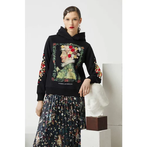 Medicine Bombažen pulover ženska, črna barva, s kapuco