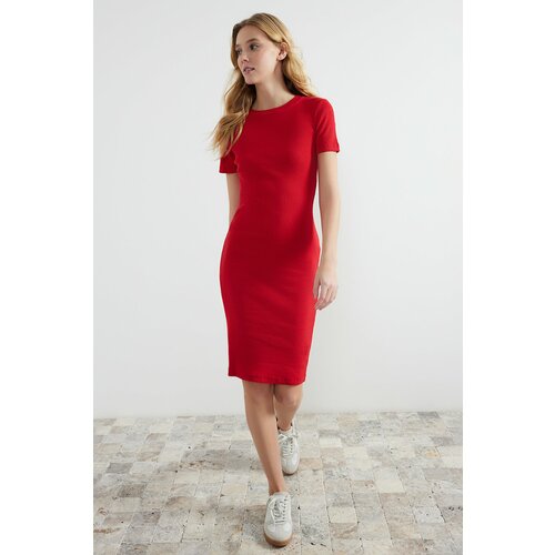 Trendyol Red Crew Neck Short Sleeve Ribbed Flexible Knitted Midi Dress Cene