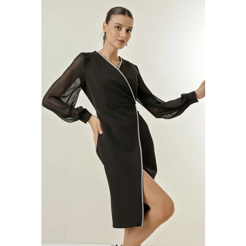 By Saygı Double Breasted Collar Sleeve Chiffon Front Shiny Stone Detail Half Lined Dress