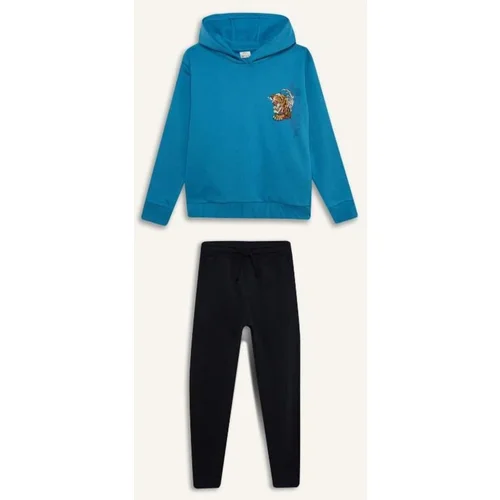 Defacto Boy's 2-Piece Set Hooded Printed Sweatshirt Elastic Waist Tracksuit Bottoms