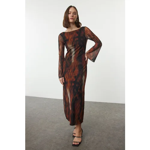 Trendyol Cinnamon Abstract Backless Tulle Boat Neck Flexible Maxi Knit Dress