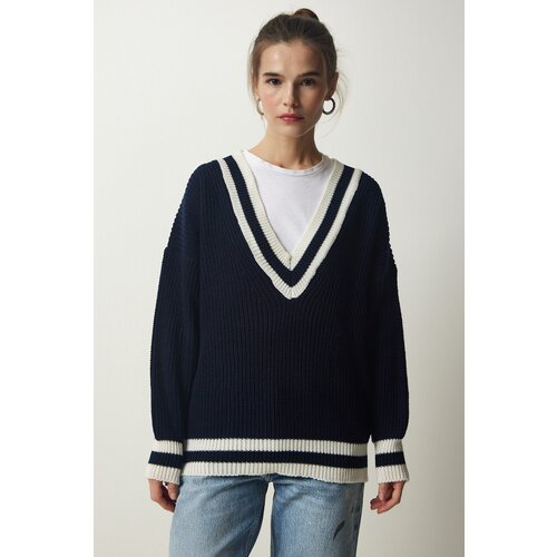 Happiness İstanbul Women's Navy Blue V Neck Ribbon Detailed Oversize Knitwear Sweater Slike