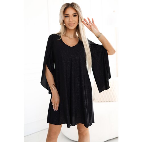 Numoco 597-1 LIVIA Elegant trapeze dress with butterfly sleeves - black with glitter Slike