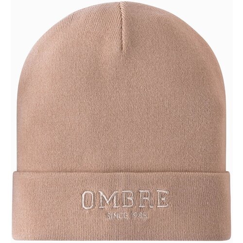 Ombre Men's knitted beanie cap with embroidered inscription - sand Cene