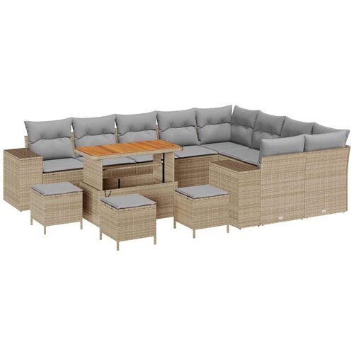 vidaXL 13-dijelni vrtni sofa set s jastučićima bež poli ratan akacija, 4-dijelni vrtni blagovaonski set s jastučićima bež poli ratan akacija Cene