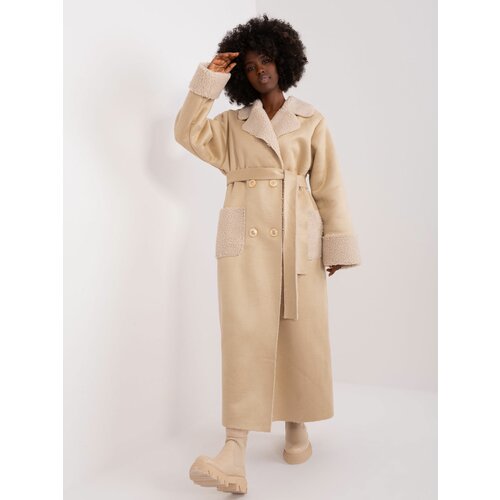 Fashion Hunters Beige winter sheepskin coat with belt Slike