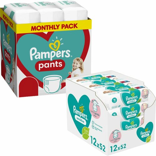 Pampers pants mesečno pakovanje +vlažne maramice sensitive 12X52 Slike