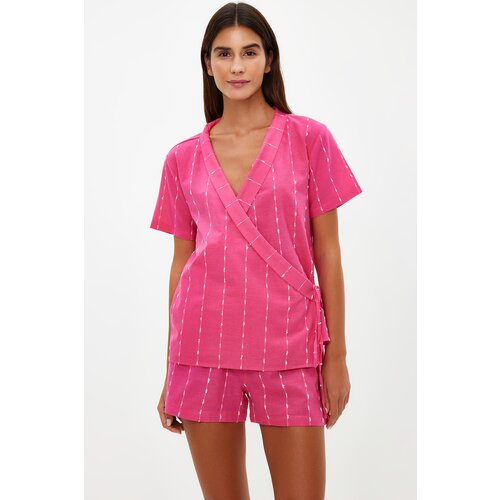 Trendyol Fuchsia Striped 100% Cotton Wide Fit Shirt-Shorts Woven Pajama Set Slike